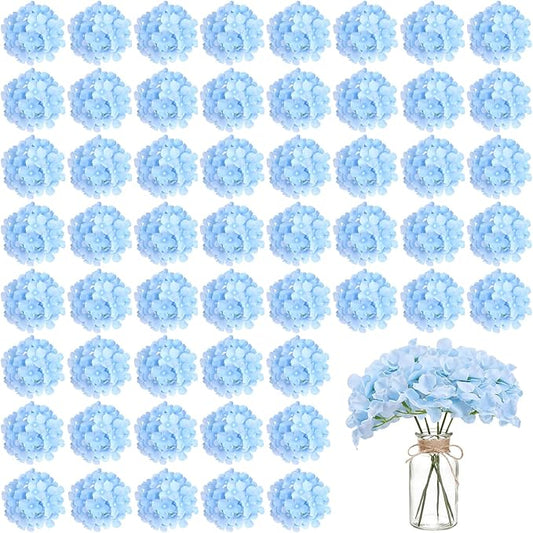 WEISPARK 100PCS Artificial Hydrangea Flowers, Fake Flowers Silk Hydrangea Full Flowers Heads with Stems for Wedding Home Party Shop Baby Shower Decor (Blue)