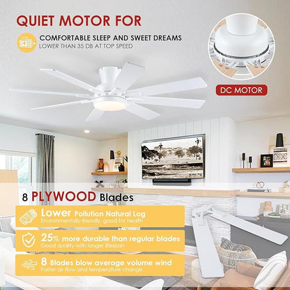 Ceiling Fans with Lights- 52" Low Profile Indoor Ceiling Fan with Light and Remote/APP Control, 8 Blade,Flush Mount, LED Dimmable DC Reversible Modern Ceiling Fan for Bedroom（White）
