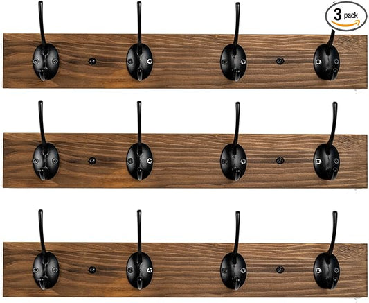 Coat Hooks Wall Mounted, Wooden Hat Rack with 4 Hooks for Entryway, Bathroom,Bedroom (3 Pack,Brown)