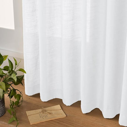 White Sheer Linen Pinch Pleated Sliding Door Curtains, 2x50 Inches Width, Cotton Look Light Filtering Drapes 102 Inches Long, Soft Textured Farmhouse Floor to Ceiling Window Curtain Panels