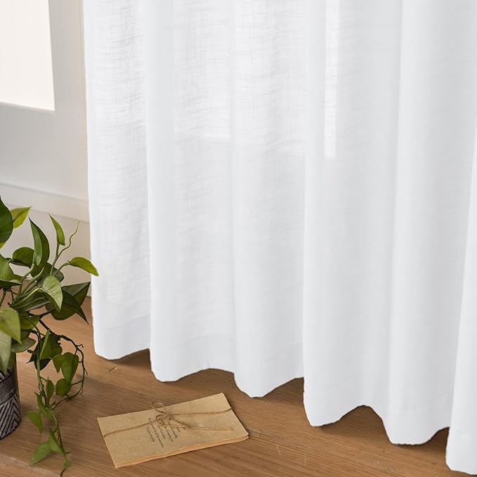 White Sheer Curtains 84 Inches Long, Cotton Linen Textured Light Filtering Drapes, Privacy Living Room Bedroom Window Decor, Rustic Semi-Transparent Pinch Pleat Curtain with Hooks