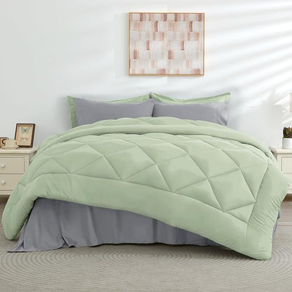 HEVUMYI Full Comforter Set - 7-Piece All Season Bed in a Bag Full, Ultra Soft Bedding Set with Comforter, Flat Sheet, Fitted Sheet, Pillowcases, Pillow Shams, Sage Green & Light Grey