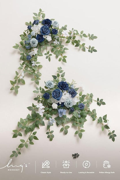 Ling's moment 2pcs Wedding Flowers Garland Artificial Floral Swag Arch Decorations Rose Greenery Arrangements Dusty Blue & Navy Ceremony Reception Garden Easel Wall Entryway Outdoor (NOT Include Sign