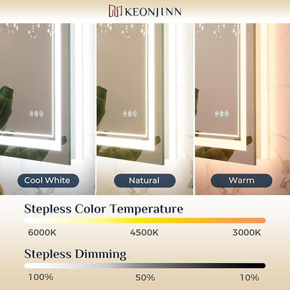 Keonjinn LED Bath Mirror 40” x 36” with Frontlit and Backlit, Stepless 3 Colors Temperature & Dimmable Vanity Mirror, UL Listed LED Driver, Double Light Strips, Anti-Fog Wall Mirror with Lights
