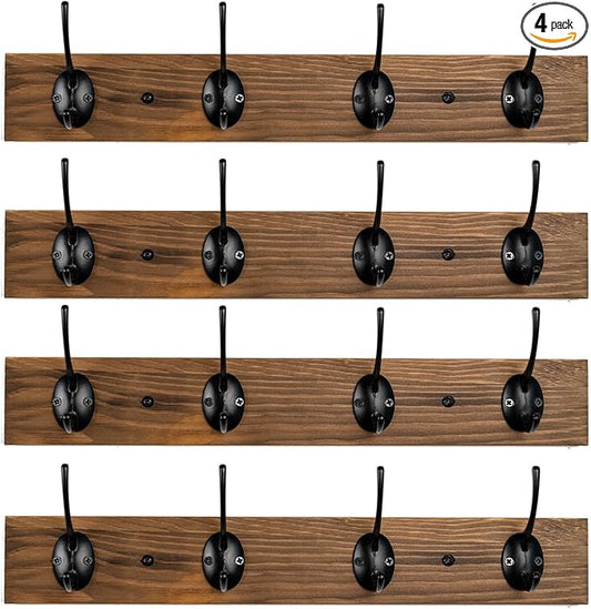 Coat Hooks Wall Mounted, Wooden Hat Rack with 4 Hooks for Entryway, Bathroom,Bedroom(4 Pack,Brown)