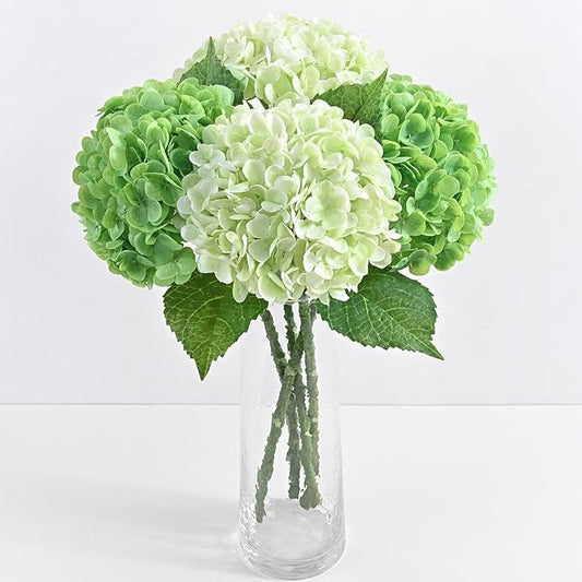 4 Pcs Real Touch Hydrangea Artificial Flowers, 21" Light Green & Dark Green Full Faux Hydrangea Flowers Latex Fake Flowers for Home Decor Party Floral Arrangements Wedding Bouquets Outdoor Decor