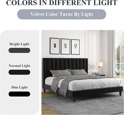 Allewie Full Bed Frame/Velvet Upholstered Bed Frame with Vertical Channel Tufted Headboard/Strong Wooden Slats/Platform Bed Frame/Mattress Foundation/Box Spring Optional/Easy Assembly/Black