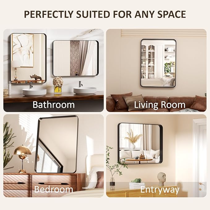 32×36 Bathroom Mirror for Vanity - Rustproof Framed Wall Mirror with Explosion-Proof Tempered-Glass & Rounded Corners for Over Sink, Bedroom, Entryway, Modern Matte Frame, Horizontal/Vertical