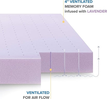 Mellow 4 Inch Ventilated Memory Foam Mattress Topper, Soothing Lavender Infusion, CertiPUR-US Certified, Short Queen
