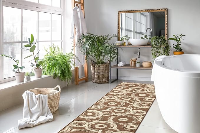 Custom Length Cut to Size Modern Farmhouse Carpet Runner Rug for Hallways, Non Slip Rubber Backed, 31 inch Wide X Customized Length, Geo Brown, 31 inch X 21 feet