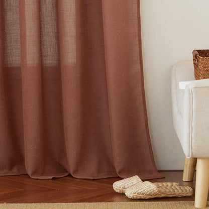 RYB HOME Faux Linen Curtains 102 inches Long, Elegant Textured Sheer Drapes Boho Window Decor for Balcony Living Room Dining Room, 52 Wide x 102 inches Long, Terracotta, 2 Pcs