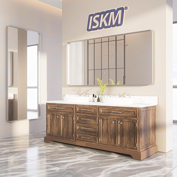 ISKM Silver Metal Framed Bathroom Mirror, 40 x 32 Inch Brushed Silver Vanity Mirror for Wall Round Corner Rectangle Modern Mirror Wall Mounted Hangs Horizontal or Vertical