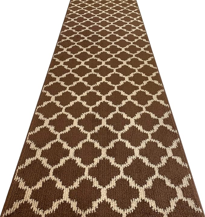 Custom Size Cut to Length Moroccan Trellis Design Runner Rug Mat For Wide Long Hallways with Non-Slip Rubber Backing, Better Traction for Pets, Prevent Slippage, Trellis Brown, 31 inch X 11 feet