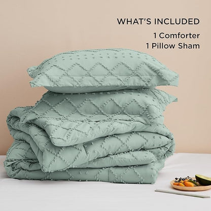 Bedsure Twin Comforter Set - Sage Green Comforter, Boho Tufted Shabby Chic Bedding for Kids, 2 Pieces Vintage Farmhouse Bed Set for All Seasons, Fluffy Soft Bedding with 1 Pillow Sham