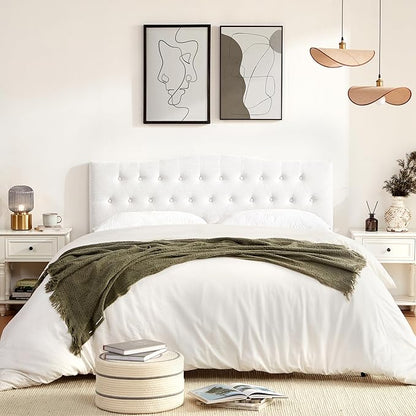 Tufted Upholstered Headboard King Size, Sturdy & Durable Solid Wood Bed headboard, Fabric Headboard Adjustable Height from 37” to 51”, Modern Button Diamond Design Head Board, White