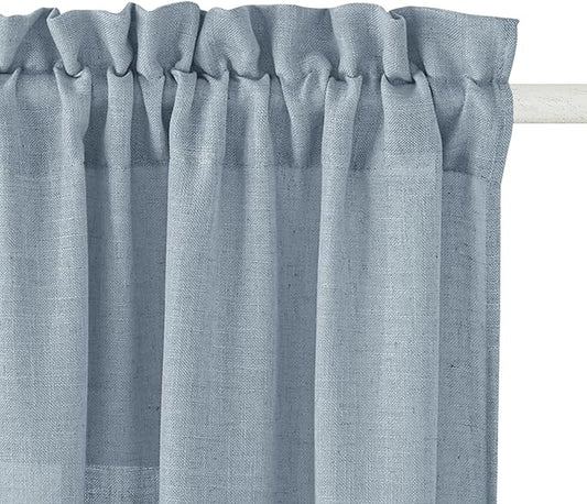 RYB HOME Flax Linen Blend Curtains for Closet Kitchen, Semi Translucent Privacy Protection Light Filtering Decorative Short Small Window Drapes for Bedroom, W 52 x L 36 inches, Dusty Blue, 2 Panels