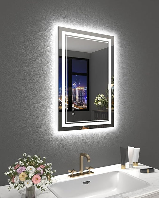 24x36 Inch Bathroom Mirror with Lights, LED Vanity Mirror for Bathroom Wall Mounted with Threefold Brightness by 2 Front Lights & 1 Backlit, Anti-Fog, Stepless Adjusted, Unbreakable Tempered Glass