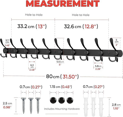 Coat Rack Wall Mount with 10 Tri Hooks, Stainless Steel 32 Inch – Black Matte Finish, Heavy Duty Wall Mounted Hook Rack for Coats, Hats, Towels, Scarfs, Robes, Bags, Entryway & Bathroom - 2 Pack