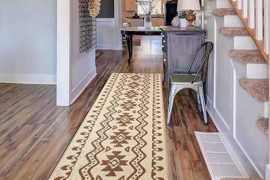 Custom Length Cut to Size Tribal Ethnic Southwestern Inspired Hallway Runner Rug, Non Slip Rubber Backed, 31 inch Wide X Customized Length, Aztec Beige, 31 inch X 29 feet