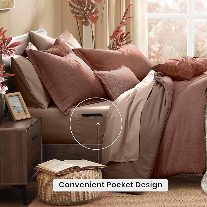 Monbix Full Size Comforter Set, Terracotta Bedding Comforter for Full Size Bed Set Reversible, Bedding Sets Full 7 Pieces, Cationic Dyeing Bed in a Bag with Comforter, Sheets, Pillowcases & Shams
