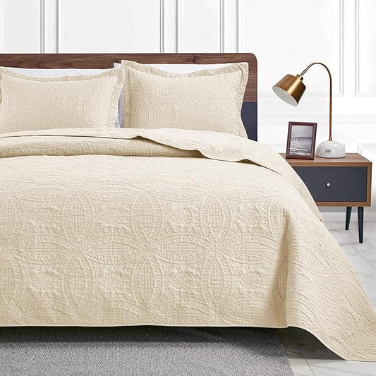 Love's cabin Twin Quilt Bedding Set Beige Bedspreads - Soft Bed Summer Lightweight Bedspread Comforter - Coin Pattern Bedding Coverlet for All Season - 2 Pieces (1 Quilt, 1 Pillow Sham)