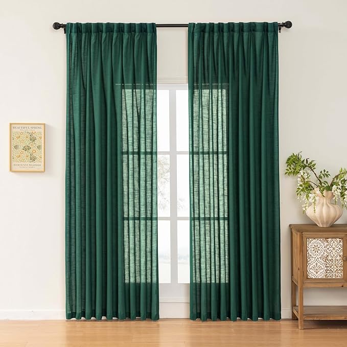 Emerald Green Linen Pinch Pleated Sliding Door Curtains Semi Sheer, 2x50 Inches Width, Hunter Light Filtering Drapes 90 Inches Long, Dark Textured Farmhouse Window Curtain Panels
