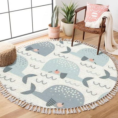 Round Boho Pastel Colours Whale in The Waves Seamless Cute Ocean Creatures Area Rug Linen Carpet Patio Hallway Runner Mat Pad Minimalist Home Decor for Living Room Outdoor
