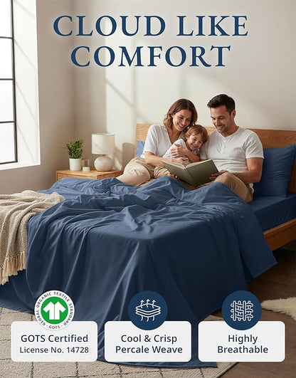 LANE LINEN 100% Organic Cotton Sheets Set, 4Pc Sheet Set Short Queen Size, Classic Percale Weave, Breathable RV Queen Cotton Sheet Set, RV Queen Deep Pocket Sheets, Oeko-Tex Sheets - Estate Blue