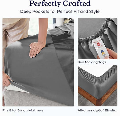 California Design Den Soft Queen Sheet Set - Soft 400 Thread Count Sateen, Natural 100% Cotton Sheets for Queen Size Bed, Deep Pockets for a Snug Fit, Durable Bedding Set - Grey