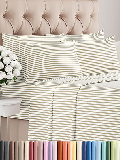 King Sheets Set 6 Piece - Includes 4 Pillowcases - Bed Sheets King Size - Soft Hotel Luxury Bedding - Cooling, Comfy & Breathable - 1 Flat & 1 Fitted & 4 Pillowcases w/ Deep Pockets - Beige Stripes