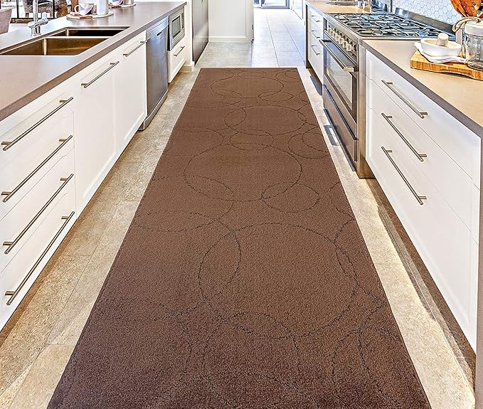 Custom Size Modern Geometric Pattern Carpet Runner Rug for Hallways, Slip Resistant Latex Rubber Backed, 31 inch Wide X Customized Length, Circles Brown, 31 inch X 16 feet