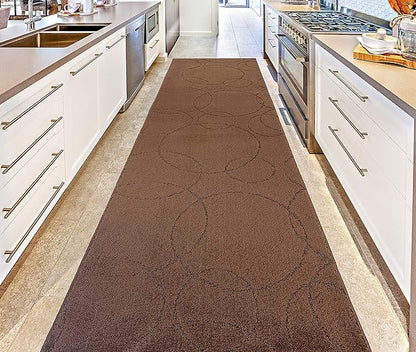 Custom Size Modern Geometric Pattern Carpet Runner Rug for Hallways, Slip Resistant Latex Rubber Backed, 31 inch Wide X Customized Length, Circles Brown, 31 inch X 16 feet