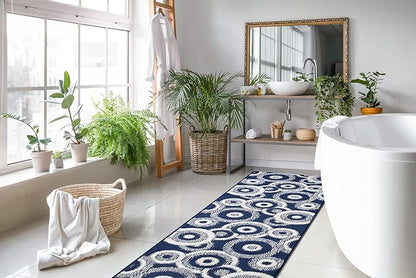 Custom Length Cut to Size Retro Modern Coastal Carpet Runner Rug for Hallways, Non Slip Rubber Backed, 31 inch Wide X Customized Length, Geo Blue, 31 inch X 20 feet