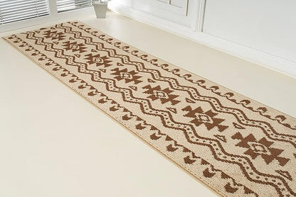 Custom Length Cut to Size Tribal Ethnic Southwestern Inspired Hallway Runner Rug, Non Slip Rubber Backed, 31 inch Wide X Customized Length, Aztec Beige, 31 inch X 27 feet