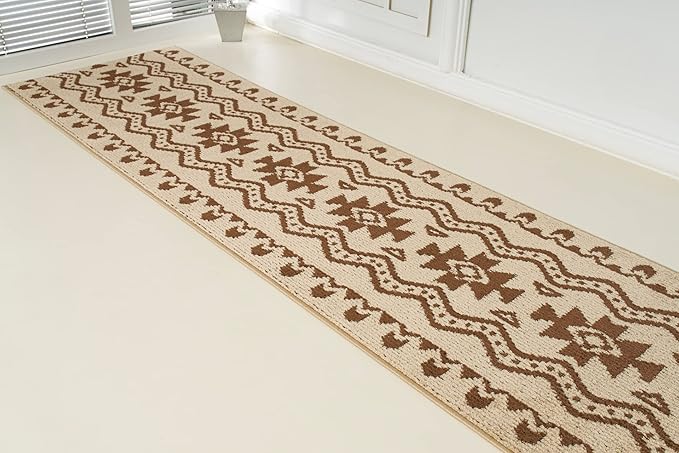 Custom Length Cut to Size Tribal Ethnic Southwestern Inspired Hallway Runner Rug, Non Slip Rubber Backed, 31 inch Wide X Customized Length, Aztec Beige, 31 inch X 24 feet