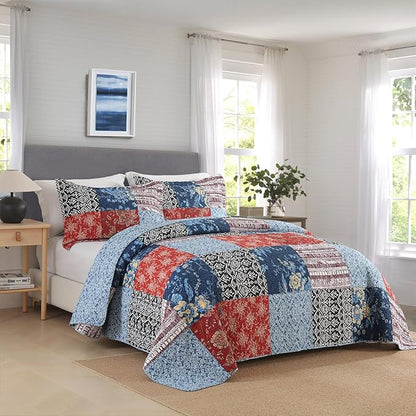 Secgo Twin Comforter Set for Bed - 100% Cotton Quilts Twin Size, Black Bedspreads (68 * 86 Inch) with 2 Pillow Shams, Patchwork Reversible Lightweight Bedding