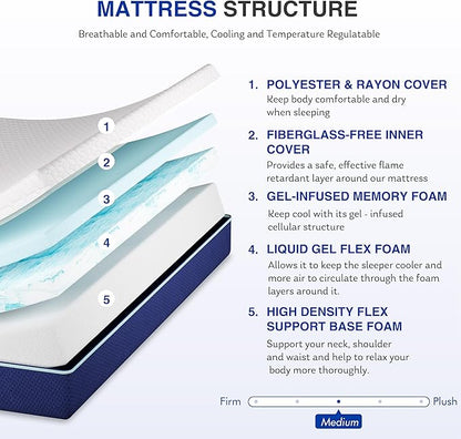 10 Inch Twin Size Mattress, Gel Cooling Memory Foam Mattress in A Box, Medium Firm Feel for Back Pain Relief, CertiPUR US Certified