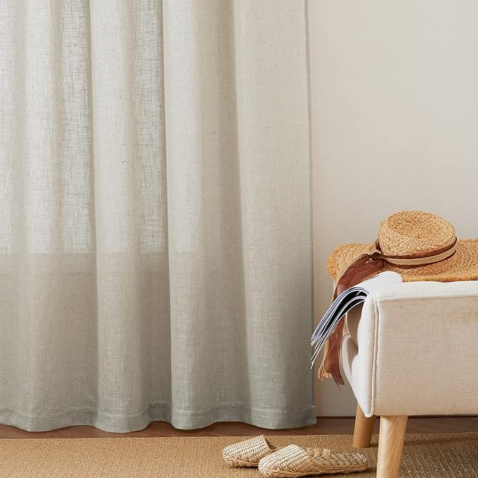 RYB HOME Sheer Linen Curtains, Small Light & Privacy Semi Translucent Curtains Sheer Faux Linen Vintage Drapes for Bedroom, RV Camper, Laundry, Party, W 52" x L 36", 2 Pcs, Angora