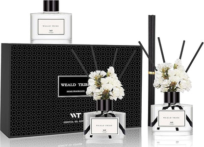 WEALD TRIBE Flower Reed Diffuser Set of 3 for Bathroom Accessories Shelf Decor & Air Fresheners, Stick Defusers | Velvet Vanilla, Hotel White Tea, Tahitian Crown Flower Scent(1.7oz/Pack) Office Gift