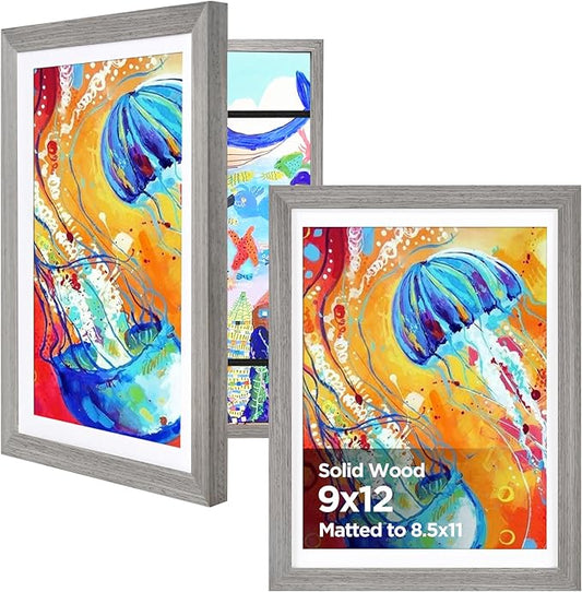 KINLINK 9x12 Kids Art Frames Set of 2, Solid Wood Kids Artwork Frames Changeable with Acrylic Front Opening Holds 150 Pictures, Art Frame for Kids Artwork with Mat or without Mat, Grey