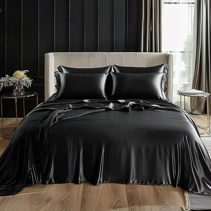 Love's cabin Twin XL Satin Sheet Sets - 3 Piece Black Silky Bed Sheets with Deep Pockets, Luxury Silk Feel Satin Sheet Set Twin XL (1 Flat Sheet,1 Fitted Sheet,1 Pillow case)