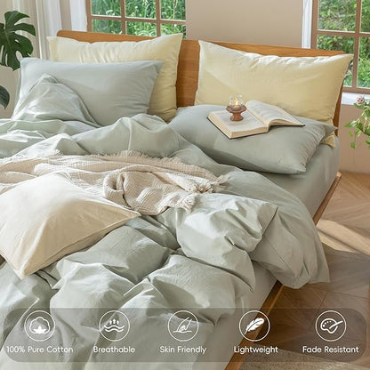 MooMee Bedding Duvet Cover Set 100% Washed Cotton Linen Like Textured Breathable Durable Soft Comfy (Heathered Sage Green, Full 80"x90")