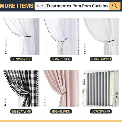 Treatmentex Black Pom Pom Sheer Curtains for Bedroom 63" Linen Texture Decorative Voile Draperies Chic Solid Sheer Curtain Panels for Living Room 52" w 2 Pack