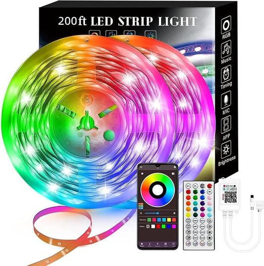 200FT Smart LED Strip Lights (2 Rolls of 100ft), RGB Strip Lights Sync to Music with 40 Key Remote Controller LED Lights for Bedroom,Christmas Lights decration (Multi-Colored, 200FT)
