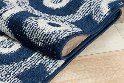 Custom Length Cut to Size Retro Modern Coastal Carpet Runner Rug for Hallways, Non Slip Rubber Backed, 31 inch Wide X Customized Length, Geo Blue, 31 inch X 15 feet