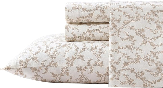 Laura Ashley - Flannel Sheets King Size, Anti-Pilling & Wrinkle Resistant Cotton, Touchably Soft for All-Season Comfort - Bed Sheets with Matching Pillowcases & Fitted Sheet (Victoria Beige)