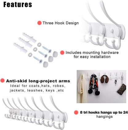 Dseap Coat Rack Wall Mount - 29.5” Long 8-Tri-Hooks Heavy Duty Coat Hanger Rail Wall Hooks for Hanging Coats Hats Clothing Clothes Purse Mudroom Entryway, White, Pack of 2