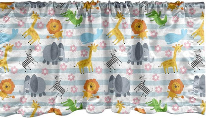 Ambesonne Savannah Window Valance Pack of 2, Friendly Zoo Animals with Happy Faces Cartoon Characters on Stripes Print, Rod Pocket Curtain Valances for Kitchen Bedroom, 42" X 18", Pale Azure Blue