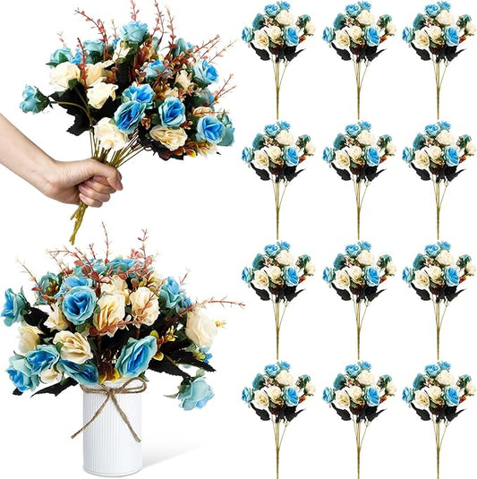 Hotop 12 Bunches of Artificial Flowers Centerpiece 13 Inches Silk Faux Roses Bouquets for Table Decoration Realistic Bouquet Arrangement Boho Faux Flowers for Wedding (Light Blue)