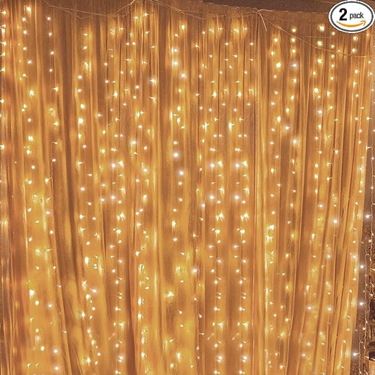 Twinkle Star 300 LED Window Fairy Curtain String Lights, 8 Modes Fairy Lights for Bedroom Wedding Party Home Garden Outdoor Indoor Wall Decorations, Warm White, 2 Pack